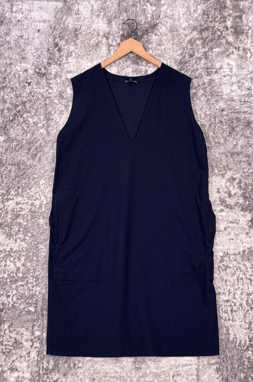 Eileen Fisher Dress Large Womens Blue Crepe Sleeveless V Neck Shift